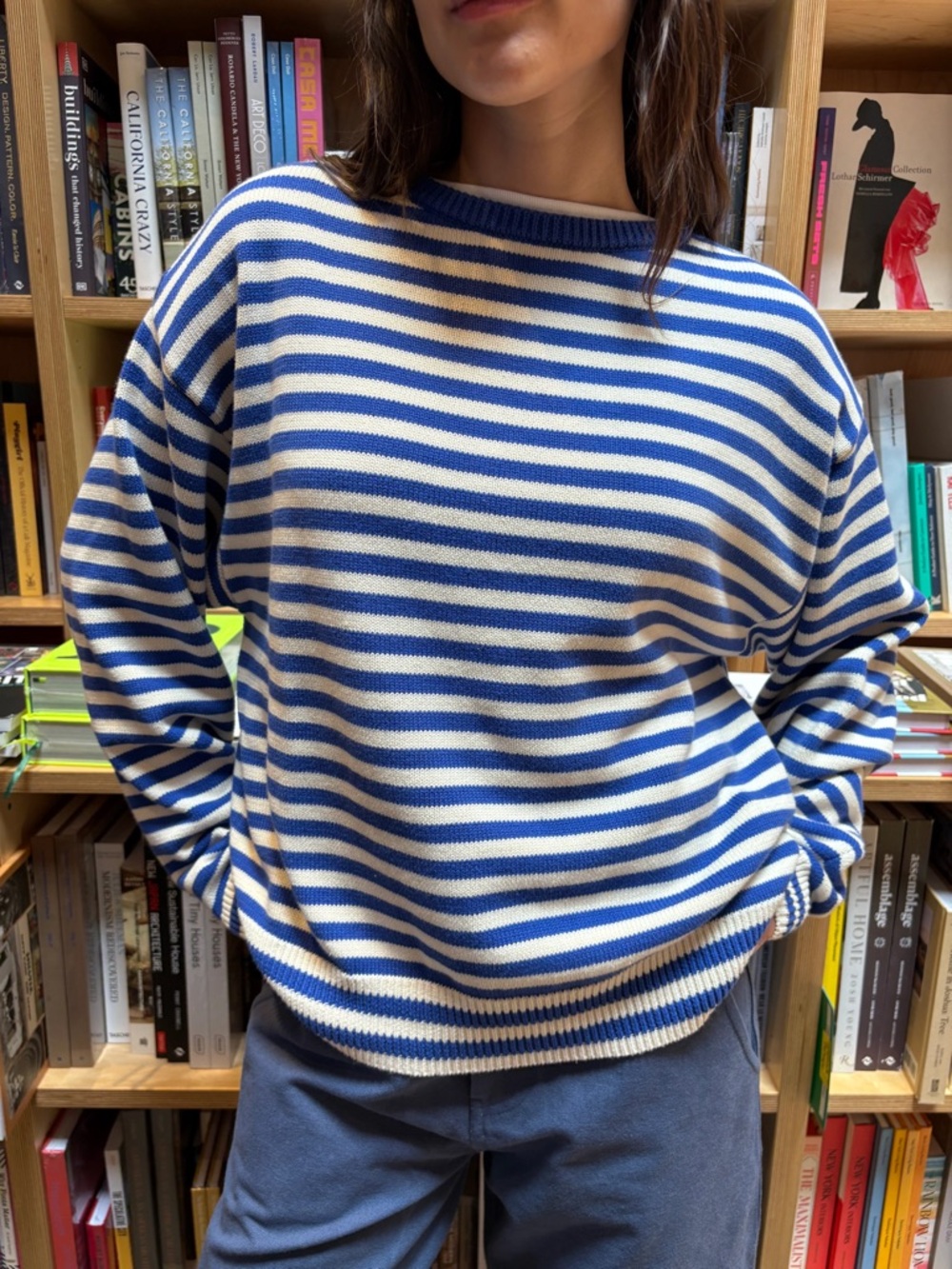 NWOT Sonderhaus "I Can't Believe It's Not Vintage" Crewneck in Cobalt Stripe - Picture 1 of 9